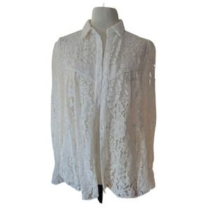 Calligraphie Womens Ivory Floral Lace Button Down Blouse Shirt Medium Boho Ivory